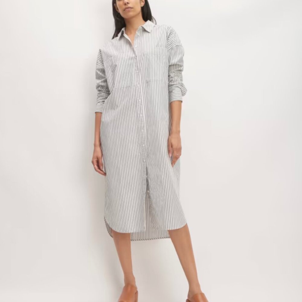 NWOT Everlane Midi Cotton Shirt Dress - Bone/Navy - Size L